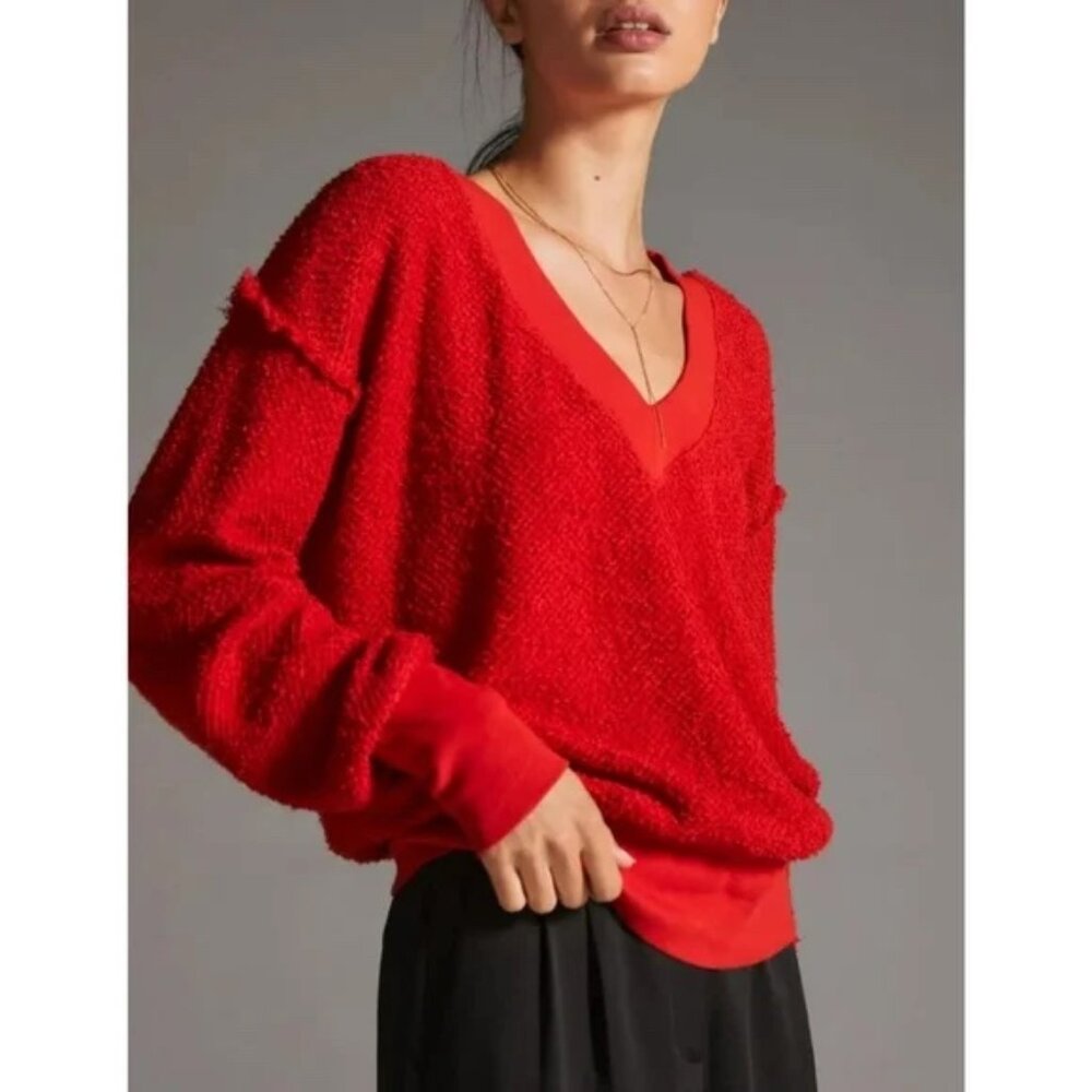 T.la Anthropologie Red Cropped V-Neck Cotton Sweater Small
